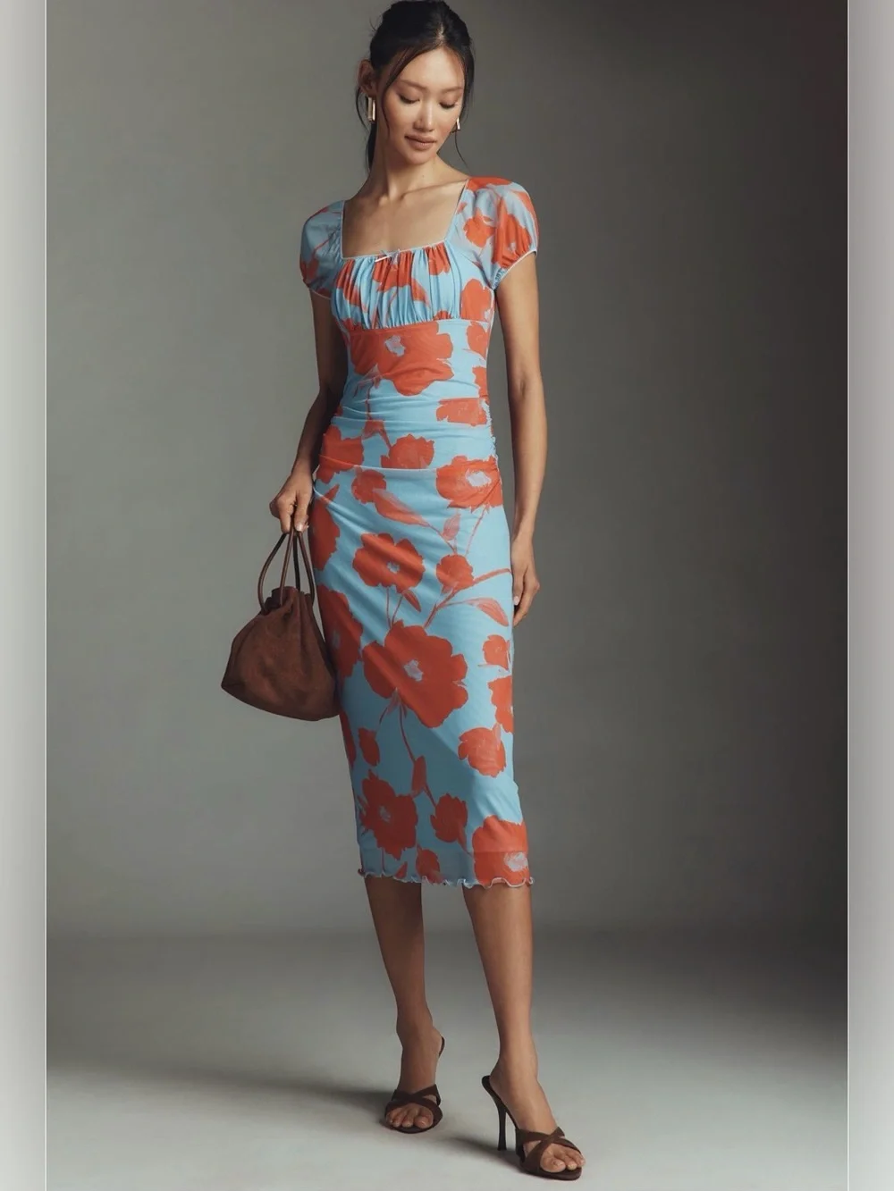 NWOT Maeve  blue & Orange Floral Square-Neck Midi Dress
